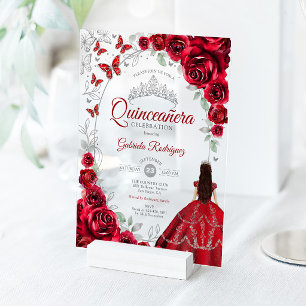 Invitations En Acrylique Quinceanera Rouge Argent Floral