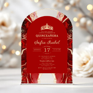 Invitations En Acrylique Quinceañera Rouge Or Agate Élégant