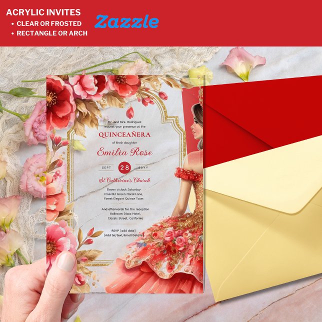 Invitations En Acrylique Quinceañera Rouge Or Mis Quince Fleurs de robe (Créateur téléchargé)