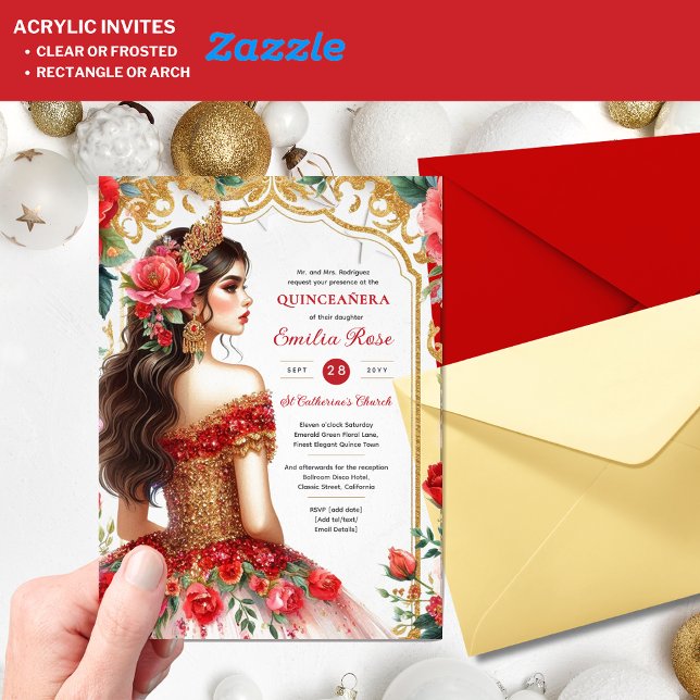Invitations En Acrylique Quinceañera Rouge Or Mis Quince Fleurs de robe (Créateur téléchargé)