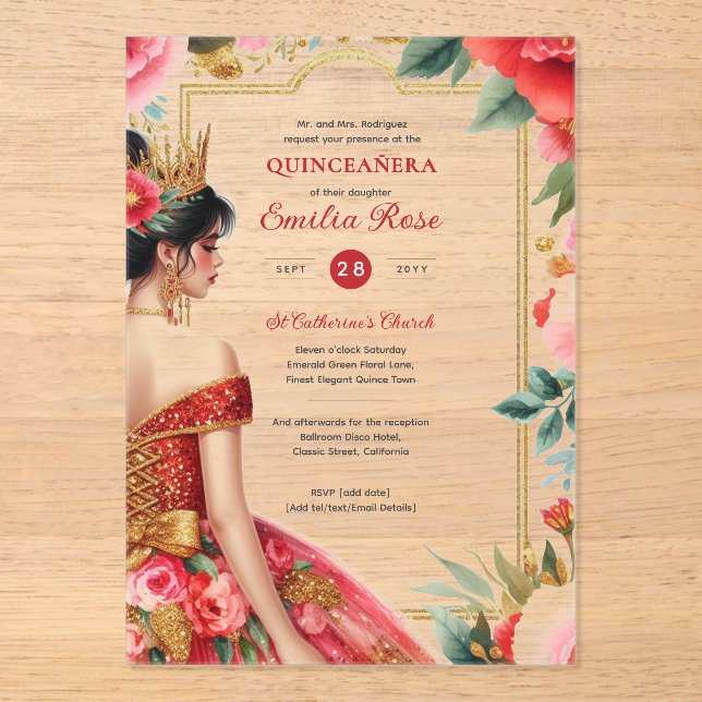 Invitations En Acrylique Quinceañera Rouge Or Mis Quince Fleurs de robe (Recto)