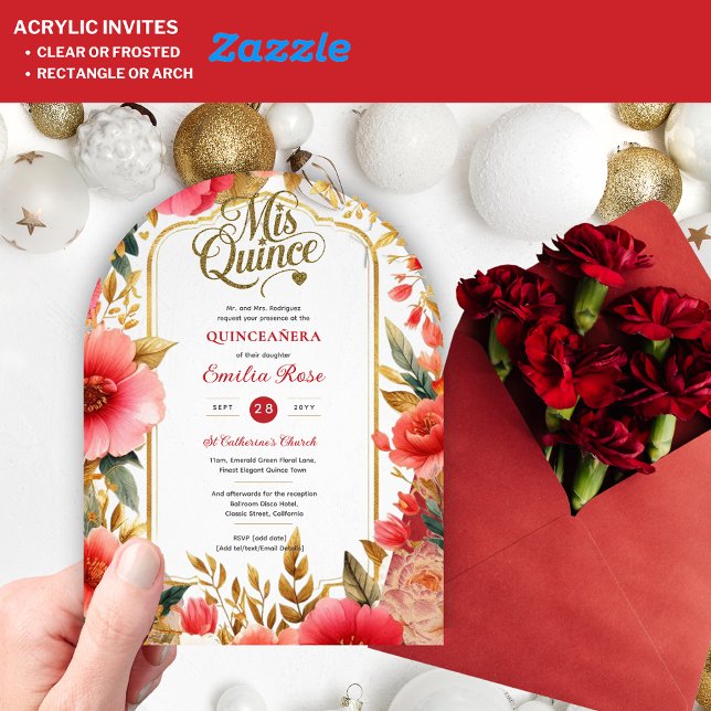 Invitations En Acrylique Quinceañera Rouge Or Mis Quince Fleurs Roses (Créateur téléchargé)
