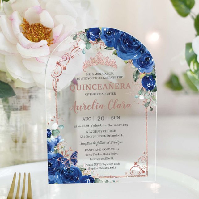 Invitations En Acrylique Quinceañera Royal Blue Floral Rose Or 16ème Arc (Créateur téléchargé)