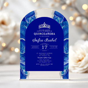 Invitations En Acrylique Quinceañera Royal Blue Silver Agate élégant