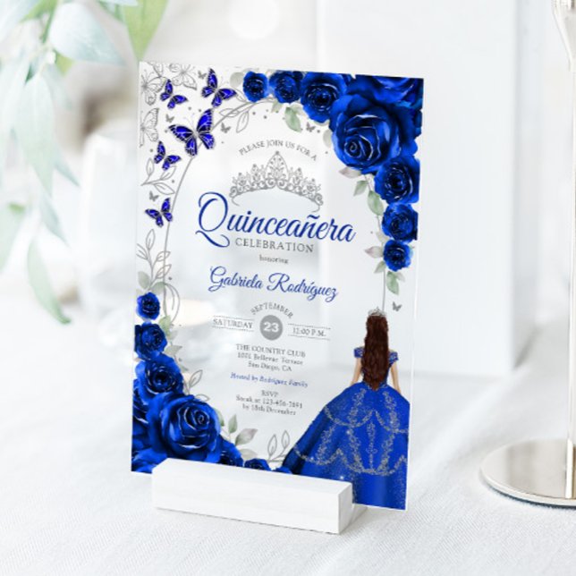 Invitations En Acrylique Quinceanera Royal Blue Silver Floral (Créateur téléchargé)