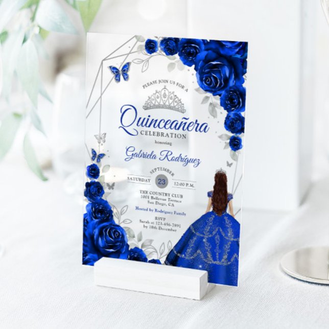 Invitations En Acrylique Quinceanera Royal Blue Silver Floral Dress (Créateur téléchargé)
