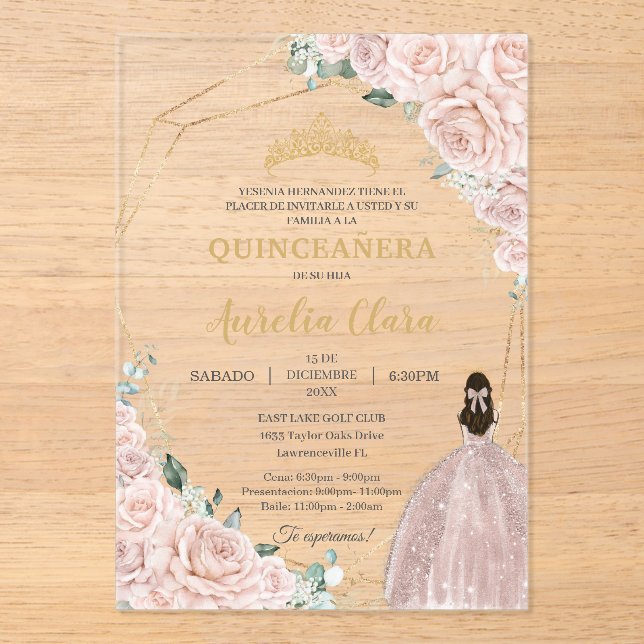 Invitations En Acrylique Quinceañera Soft Blush Pink Roses Floral 15 Años (Recto)