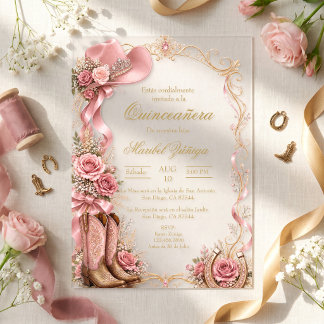 Invitations En Acrylique Quinceañera style cowboy élégant rose et or