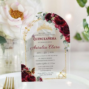Invitations En Acrylique Quinceañera Sweet 16 Arc d'or floral Bourgogne