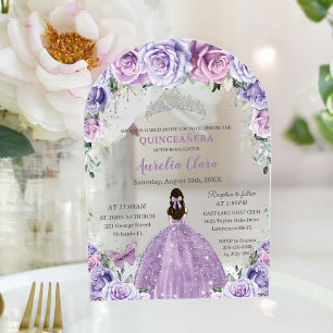 Invitations En Acrylique Quinceañera Sweet 16 Purple Lilac Arc Floral