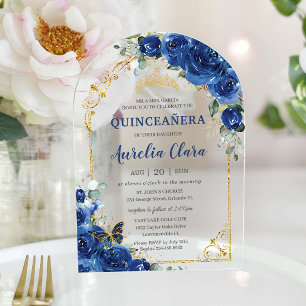 Invitations En Acrylique Quinceañera Sweet 16 Royal Blue Floral Arch