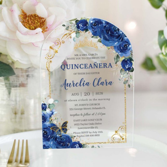 Invitations En Acrylique Quinceañera Sweet 16 Royal Blue Floral Arch (Créateur téléchargé)