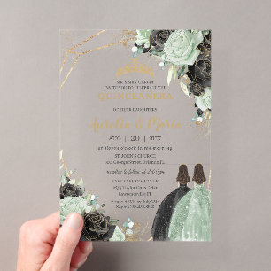 Invitations En Acrylique Quinceañera Sweet 16 Vert Sauge Noir Floral Jumell