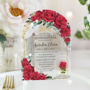 Invitations En Acrylique Quinceañera Sweet 16 XV Roses rouges enchantées Fl