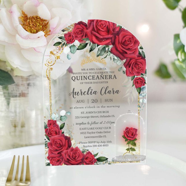 Invitations En Acrylique Quinceañera Sweet 16 XV Roses rouges enchantées Fl (Créateur téléchargé)