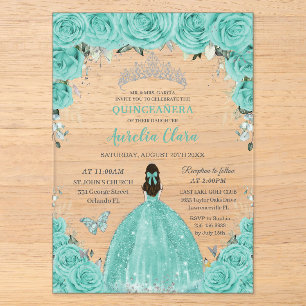 Invitations En Acrylique Quinceañera Turquoise Bleu Floral Argent Princesse