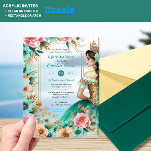Invitations En Acrylique Quinceañera Turquoise Vert Or Mis Fleurs de coing