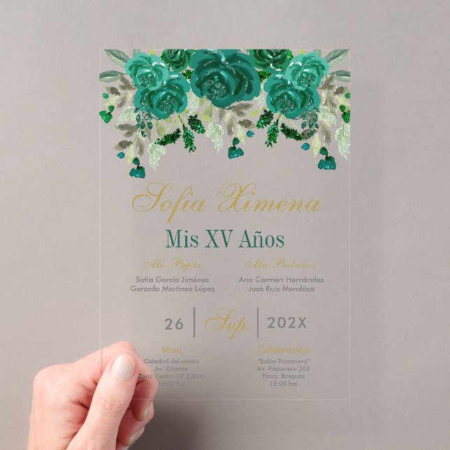 Invitations En Acrylique Quinceañera Vert Émeraude (In situ (ordinateur de poche))