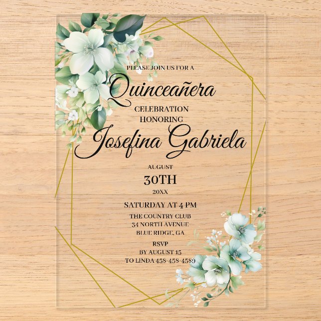 Invitations En Acrylique Quinceanera vert floral (Recto)