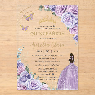 Invitations En Acrylique Quinceañera Violet Lavande Lilas Floral Princesse