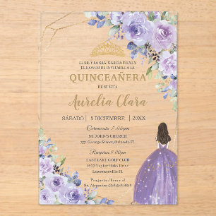 Invitations En Acrylique Quinceañera Violet Lilas Floral Princess Espagnol