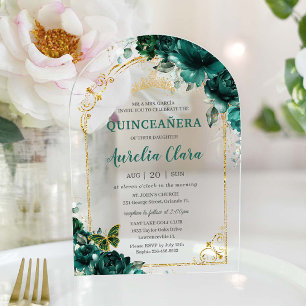 Invitations En Acrylique Quinceañera XV Sweet 16 Emerald Green Floral Arch