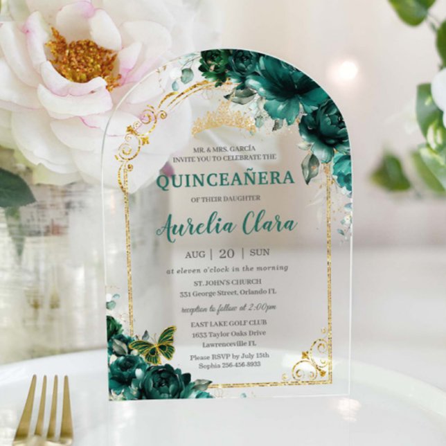 Invitations En Acrylique Quinceañera XV Sweet 16 Emerald Green Floral Arch (Créateur téléchargé)
