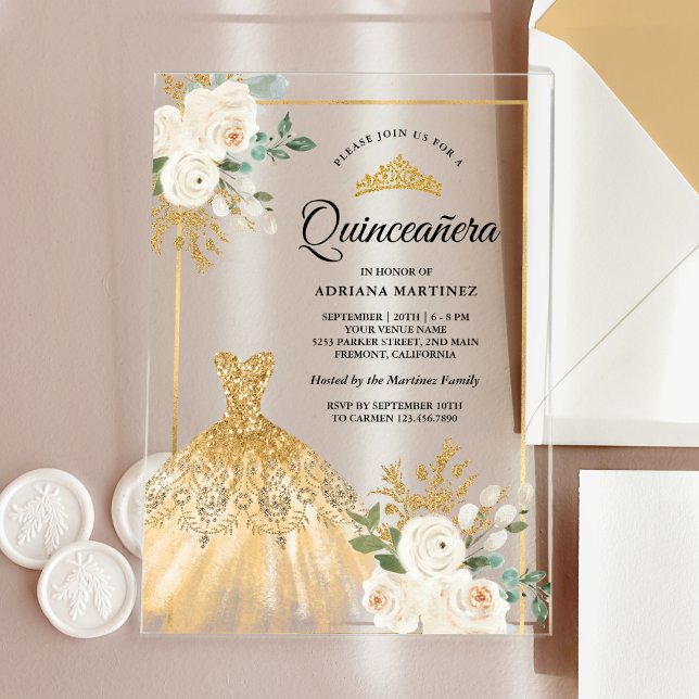 Invitations En Acrylique Quincée d'or floral d'ivoire étincelante (Créateur téléchargé)
