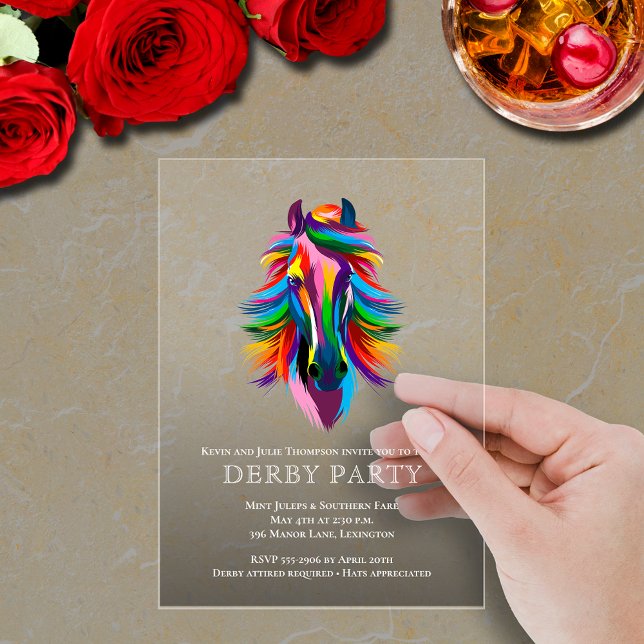Invitations En Acrylique Racehorse coloré Derby Party Smoky (Colorful racehorse Derby party transparent smoky acrylic invitations
)