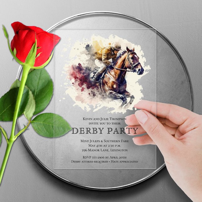 Invitations En Acrylique Racehorse Derby (ACRYLIC clear or frosted watercolor racehorse Derby party invitations)