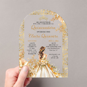 Invitations En Acrylique Radiant Bloom Floral Princess Quinceanera Or