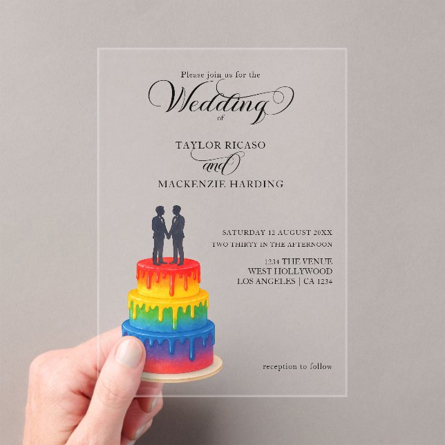 Invitations En Acrylique Rainbow cake et élégant script gay mariage (In situ (ordinateur de poche))