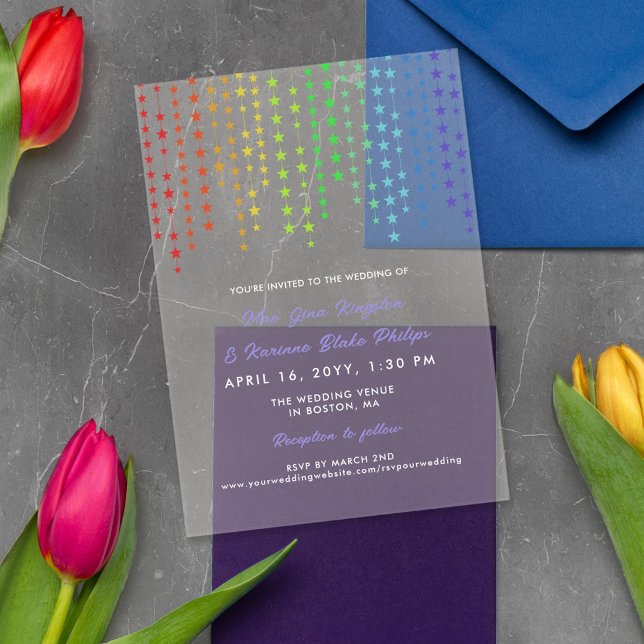 Invitations En Acrylique Rainbow Star Garlands Mariage informel LGBTQ (Créateur téléchargé)