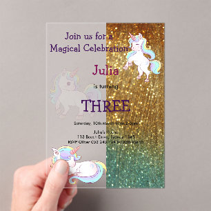 Invitations En Acrylique Rainbow Unicorn bébé fille anniversaire or