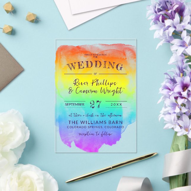 Invitations En Acrylique Rainbow Watercolor Wash Mariage LGBTQ (Insitu (Mariage))