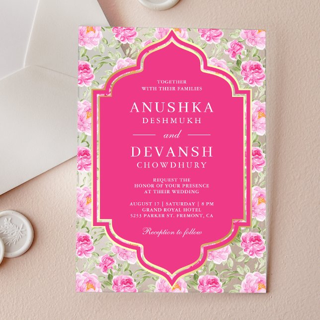 Invitations En Acrylique Rani Pink Floral Pattern Indian Wedding (Créateur téléchargé)