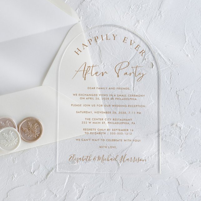 Invitations En Acrylique Réception de mariage élégante avec écriture dorée  (Start your forever with elegant arch-shaped acrylic invitations for a timeless Happily Ever After)