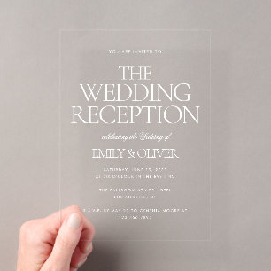 Invitations En Acrylique Réception de mariage élégante texte blanc clair