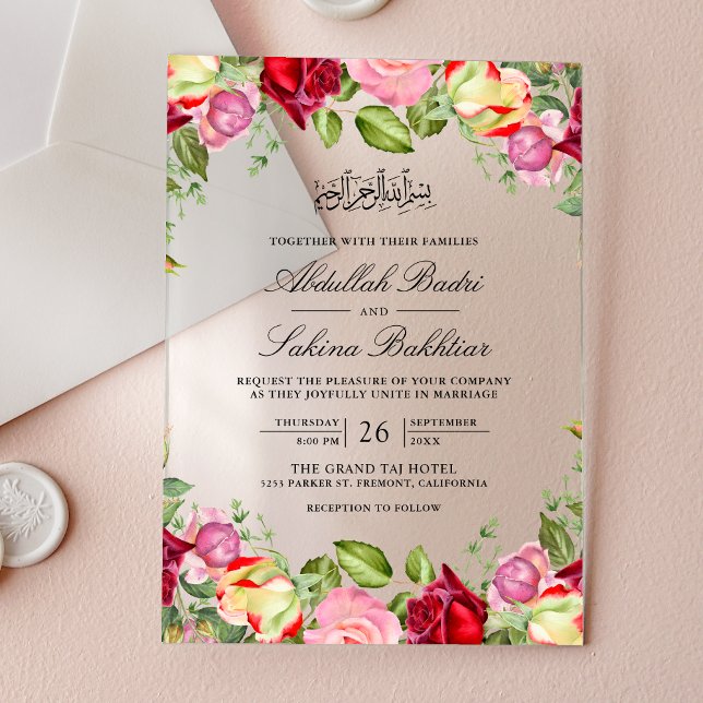 Invitations En Acrylique Red and Pink Roses Floral Muslim Wedding (Créateur téléchargé)