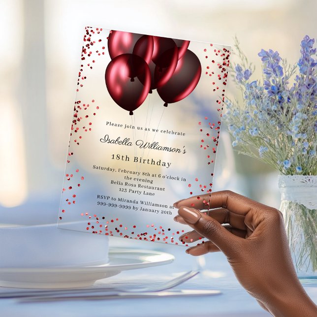 Invitations En Acrylique Red balloons clear luxury birthday  (Créateur téléchargé)