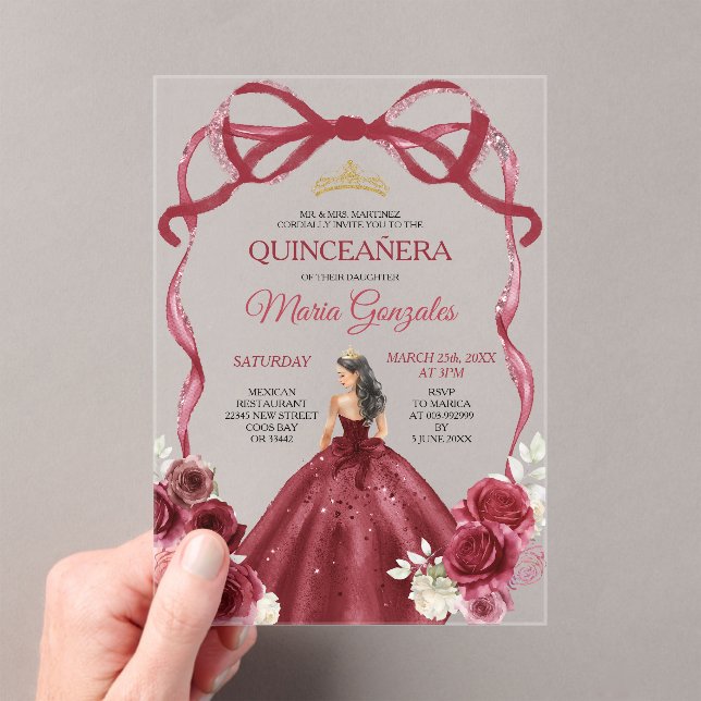 Invitations En Acrylique Red Bow Frame Princess Gold Crown Girl Quinceañera (In situ (ordinateur de poche))
