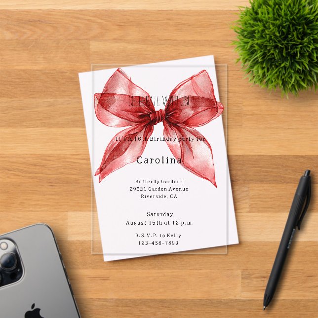 Invitations En Acrylique Red Bow Ribbon 16th Birthday (or any year) (Insitu (Carte d'invitation))