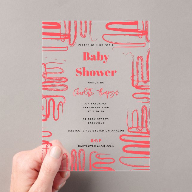 Invitations En Acrylique Red Curve Wavy Squiggle Abstract Baby Shower (In situ (ordinateur de poche))
