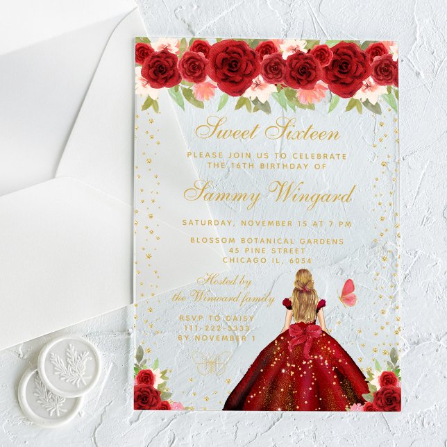 Invitations En Acrylique Red Floral Blonde Hair Princess Sweet sixteen (Créateur téléchargé)