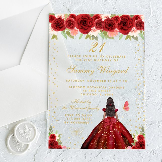 Invitations En Acrylique Red Floral Dark Skin Princess Anniversaire (Créateur téléchargé)