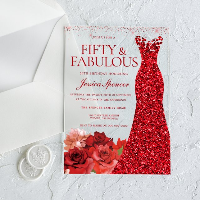 Invitations En Acrylique Red Floral Fifty & Fabulous 50th Birthday Party (Créateur téléchargé)