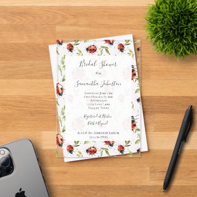 Invitations En Acrylique Red Green Leaves Ladybugs Bridal Shower (Insitu (Carte d'invitation))