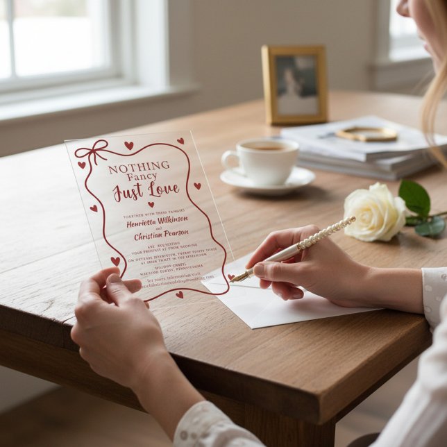 Invitations En Acrylique Red Hearts Nothing Fancy Just Love Script Acrylic  (Créateur téléchargé)