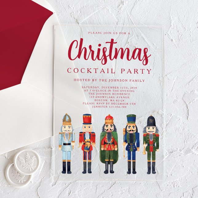 Invitations En Acrylique Red Nutcracker Christmas Cocktail Party (Red Nutcracker Christmas Cocktail Party Acrylic Invitations)