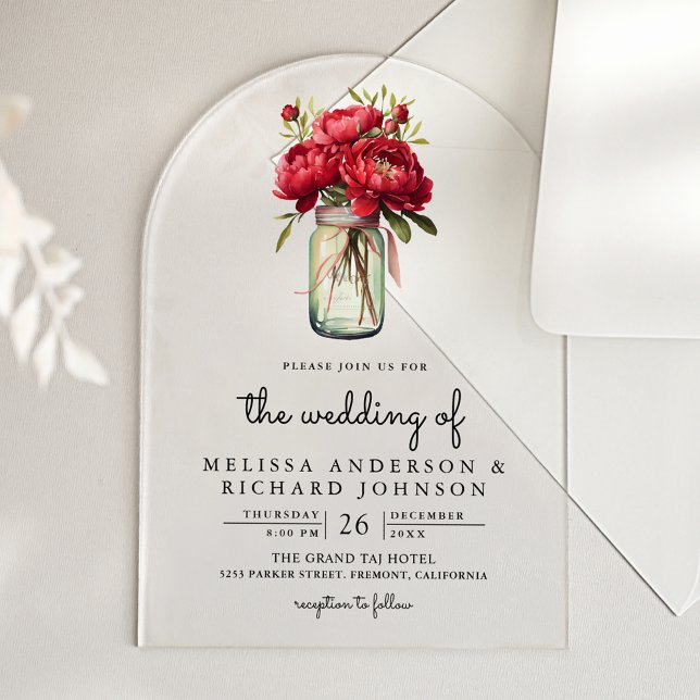 Invitations En Acrylique Red Peony Floral Mason Jar Wedding (Créateur téléchargé)